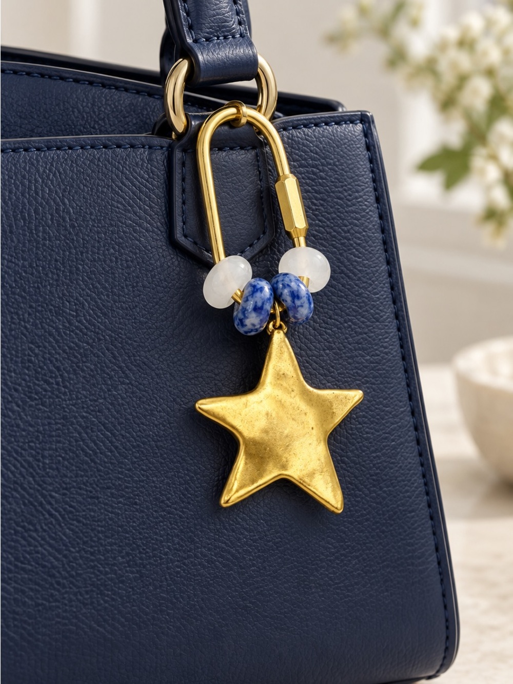 Purse Charm Designer Gold Star Charm Keychain Bag Pendant - Navy Blue